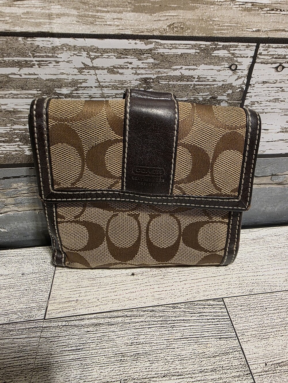 Coach Signature Canvas Trifold Wallet in Brown and Tan